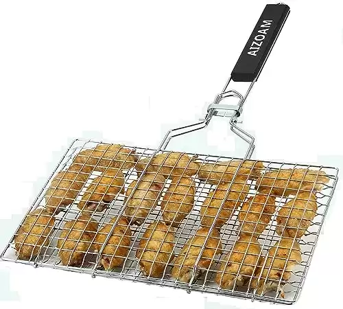 AIZOAM Shallow Grill Basket Fish Grill Basket, Fish Grilling Basket BBQ Fish Grill Baskets for Outdoor Grill,Grill Basket with Removable Handle. Perfect for Grilling Fish Fillets