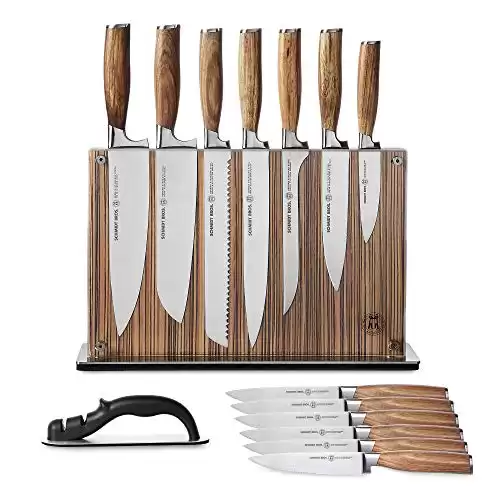 Schmidt Brothers - Zebra Wood, 15-Piece Kitchen Knife Set, High-Carbon Stainless Steel Cutlery with Zebra Wood and Acrylic Magnetic Knife Block and Knife Sharpener