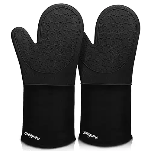 sungwoo Extra Long Silicone Oven Mitts, Heat Resistant Oven Gloves with Quilted Liner Non-Slip Textured Grip Perfect for BBQ, Baking, Cooking and Grilling - 1 Pair 14.6 Inch Black
