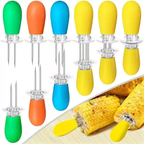 AQRINGO 12 Pcs/6 Pairs Corn Holders, Stainless Steel Corn Cob Holders Corn on The Cob Skewers for BBQ Twin Pin Sweetcorn Holders, Interlocking Design Corn Skewers Forks for Home Cooking BBQ,4 Colors