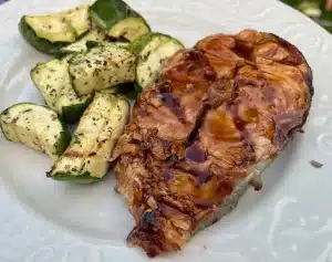 Glazed Salmon Steak and grilled zucchini