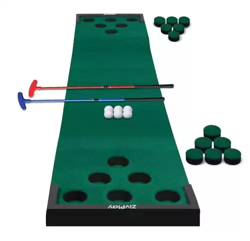 Golf Pong Putting Game Mini Golf Course Set with Golf Beer Pong Mat 2 Golf Games Putters 6 Balls and Ball Barriers For Adults Outdoor Putting Green Practice Indoor Game Room Games and Tailgating Games