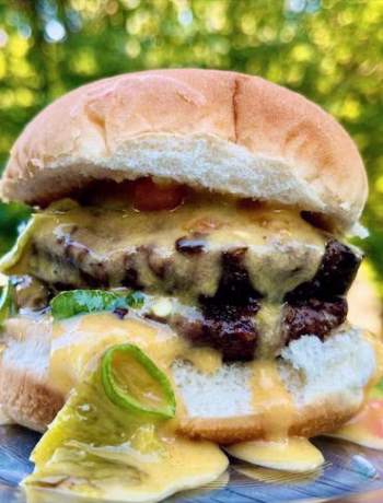 Juicy Hatch Chili Double Cheese Burger sitting on a plate